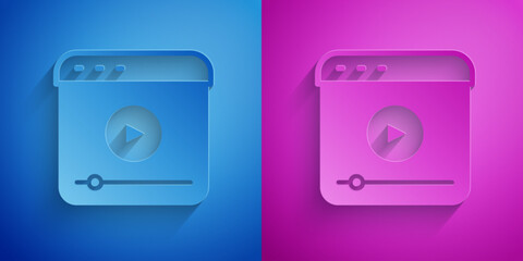 Sticker - Paper cut Live streaming online videogame play icon isolated on blue and purple background. Paper art style. Vector