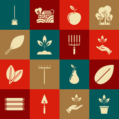 Sticker - Set Flowers in pot, Leaf, Plant hand of environmental protection, Apple, Shovel and Garden rake work icon. Vector