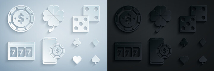 Wall Mural - Set Online poker table game, Game dice, slot machine with lucky sevens jackpot, Playing cards, Four leaf clover and Casino chip dollar icon. Vector