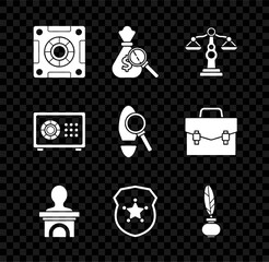 Poster - Set Safe, Money bag and magnifying glass, Scales of justice, Stage stand or debate podium rostrum, Police badge, Feather inkwell, and Magnifying with footsteps icon. Vector