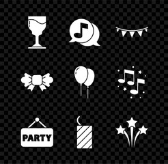 Sticker - Set Wine glass, Musical note speech bubble, Carnival garland with flags, Signboard party, Firework rocket, Bow tie and Balloons ribbon icon. Vector