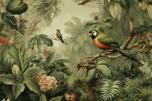 Tropical Forest With Old Vintage Drawing Of Birds Amidst Lush Wallpaper Jungle And Leaves. Generative AI