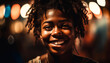 © Jeronimo Ramos - African American woman with curly hair smiling in illuminated city nightlife generated by AI