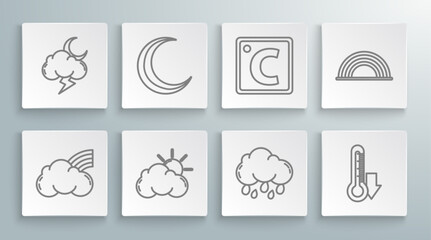 Sticker - Set line Rainbow with clouds, Moon and stars, Sun weather, Cloud rain, Thermometer, Celsius, and Storm icon. Vector