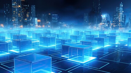 Futuristic digital blockchain network with glowing blue cubes connected in a cyber cityscape, symbolizing cryptocurrency, decentralized technology, data security, and innovative financial systems