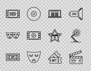 Sticker - Set line VHS video cassette tape, Movie clapper, Buy cinema ticket online, Drama theatrical mask, 4k movie, frame, Play Video, Cinema and Table lamp icon. Vector