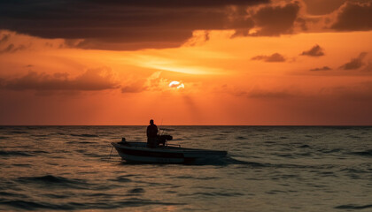 Sticker - A fisherman rows his nautical vessel at dawn for fishing generated by AI