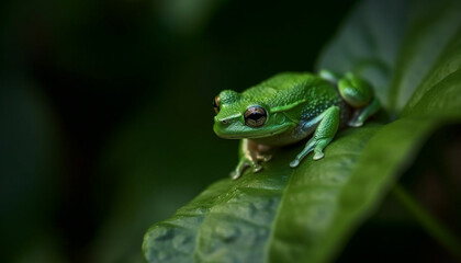 Sticker - A slimy toad sitting on a leaf, watching the pond generated by AI