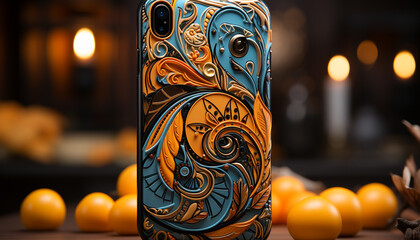 Sticker - Celebration of tradition  elegant candle illuminates ornate wood table generated by AI