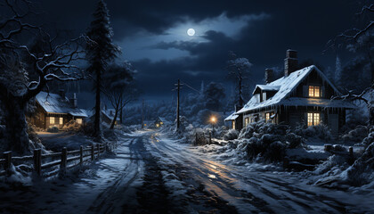 Poster - A spooky winter night, a snowy landscape, moonlight illuminates the forest generated by AI