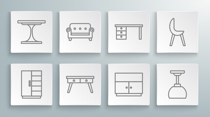 Poster - Set line Wardrobe, Sofa, Office desk, Lamp hanging, Armchair and Round table icon. Vector
