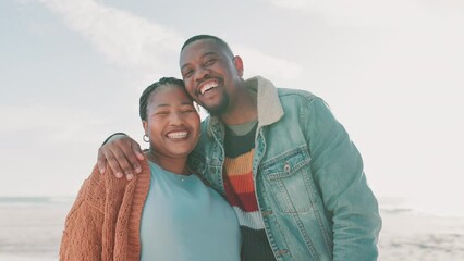 Wall Mural - Couple, beach and hug with smile for vacation, holiday or adventure with sunshine and summer. Black people, man or woman by sea or ocean with happiness for experience, embrace or travel for date