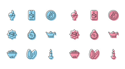 Sticker - Set line Date fruit in bowl, Hands praying position, Burning candle, Qibla, Oil lamp, Kaaba mosque and Star crescent icon. Vector