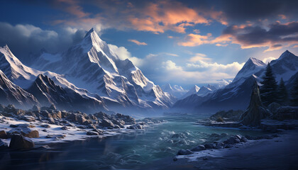 Wall Mural - Majestic mountain peak reflects in tranquil icy water, winter landscape generated by AI