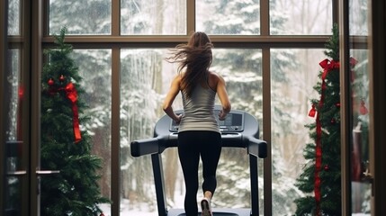 Wall Mural - A beautiful muscular Woman, running on a treadmill, beautiful mountains outside the window, a winter forest. The concept of health, sports.