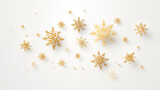 Fototapeta  - Złote świąteczne zimowe tło na baner, tapetę lub życzenia świąteczne na Boże Narodzenie. Zimowe śnieżynki, płatki śniegu.