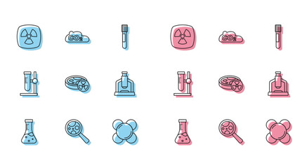 Poster - Set line Test tube, Microorganisms under magnifier, Radioactive, Molecule, with toxic liquid, Microscope, flask on stand and CO2 emissions in cloud icon. Vector