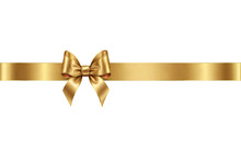 Shiny Golden Satin Ribbon And Gold Bow Horizontal Isolated On Transparent Background. Vector Isolate Gold Bow For Design Greeting And Discount Card Christmas Gift. Valentines Day.
