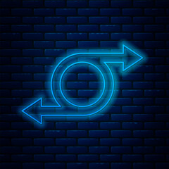 Poster - Glowing neon line Arrow icon isolated on brick wall background. Direction Arrowhead symbol. Navigation pointer sign. Vector