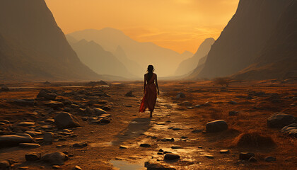 Poster - A woman walking in nature, enjoying the sunset on a mountain generated by AI