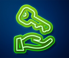 Sticker - Glowing neon line House key icon isolated on blue background. Vector