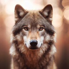 wolf looking at camera with blurred nature background