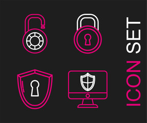 Poster - Set line Computer monitor and shield, Shield with keyhole, Lock and Safe combination lock wheel icon. Vector