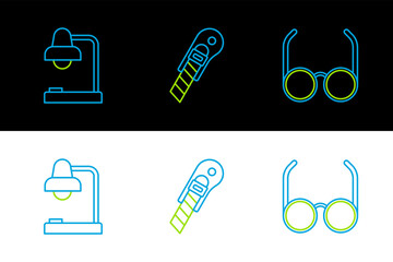 Poster - Set line Glasses, Table lamp and Stationery knife icon. Vector