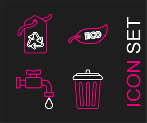 Poster - Set line Trash can, Water tap, Leaf Eco symbol and Tag with recycle icon. Vector