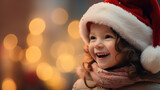 Fototapeta  - Dziewczynka w czapce Świętego Mikołaja na tle światełek z choinki