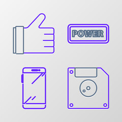 Poster - Set line Floppy disk for computer data storage, Smartphone, mobile phone, Power button and Hand like icon. Vector
