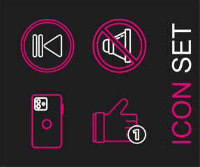 Poster - set line hand like, smartphone, mobile phone, speaker mute and rewind icon. vector