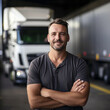 Confident Truck Driver Standing Proudly in Front of His Semi-Truck at a Shipping Warehouse