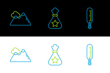 Sticker - Set line Meteorology thermometer measuring, Mountains and Santa Claus bag gift icon. Vector