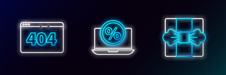Poster - Set line Gift box, Page with a 404 error and Percent discount and laptop icon. Glowing neon. Vector