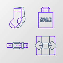 Canvas Print - Set line Gift box, Leather belt, Shoping bag with Sale and Socks icon. Vector