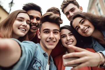 daytime group selfie of young friends met for reunion