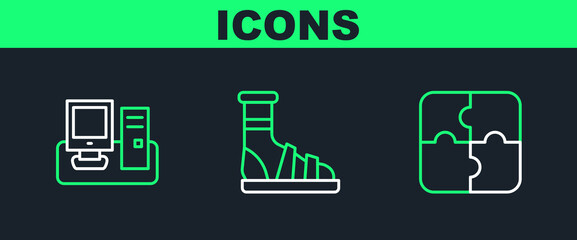 Poster - Set line Piece of puzzle, Monitor with keyboard and Slippers socks icon. Vector