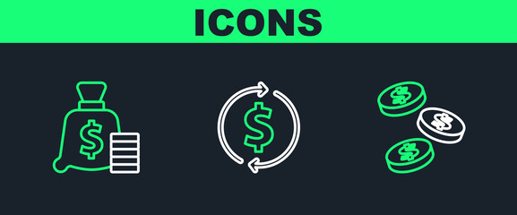 Wall Mural - Set line Coin money with dollar, Money bag and Financial growth and icon. Vector