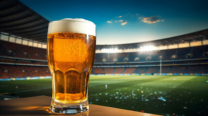 Wall Mural - Glass of beer on football stadium background. Made with generative ai