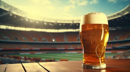 Wall Mural - Glass of beer on football stadium background. Made with generative ai