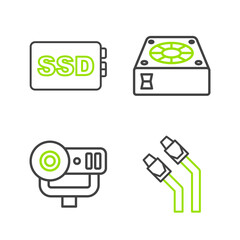 Poster - Set line LAN cable network internet, Web camera, Computer cooler and SSD card icon. Vector