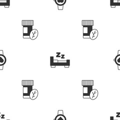 Sticker - Set Smart watch, Time to sleep and Vitamin pill on seamless pattern. Vector