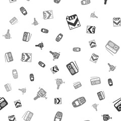 Poster - Set Cigarettes pack box, Old mobile phone, Radio with antenna and Retro cinema camera on seamless pattern. Vector