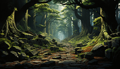 Poster - Mysterious ancient forest, dark landscape, spooky tree, adventure in nature generated by AI