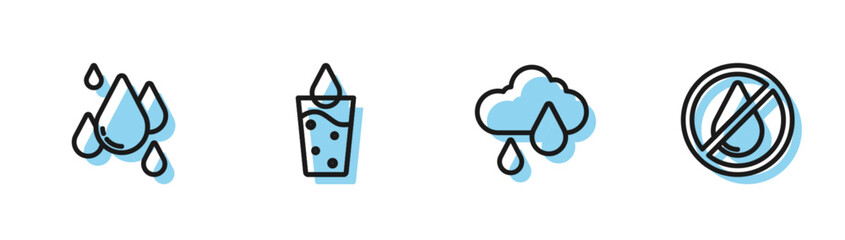 Canvas Print - Set line Cloud with rain, Water drop, Glass water and forbidden icon. Vector