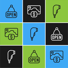 Poster - Set line Hanging sign with Open, Scanner scanning bar code and Credit card icon. Vector