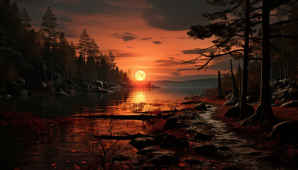 Sticker - Tranquil scene  sunset paints nature beauty, reflecting on tranquil pond generated by AI