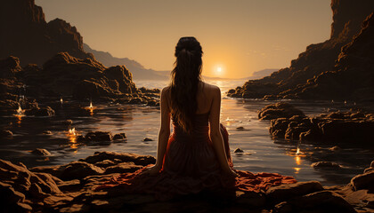 Poster - A serene woman enjoys the beauty of nature at sunset generated by AI