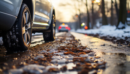 Poster - Car speeds through traffic on wet, slippery asphalt, headlights reflecting generated by AI